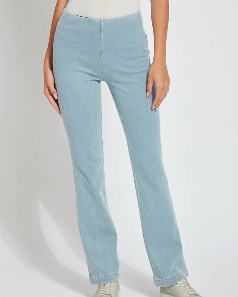 Front of a model wearing a size X-LARGE Baby Bootcut Denim in Bleached Blue-Lysse in Bleached Blue-Lysse by Lysse. | dia_product_style_image_id:325852